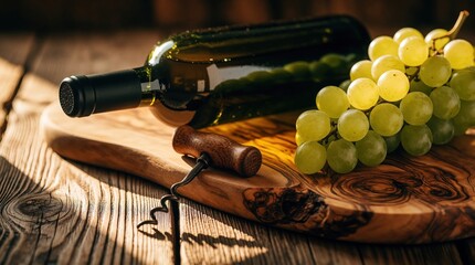Naklejka premium Green wine bottle, metal corkscrew lie on rustic wooden board. Fresh ripe grapes cluster beside glass container. Still life setup with fruit, alcohol on textured timber table for vineyard harvest