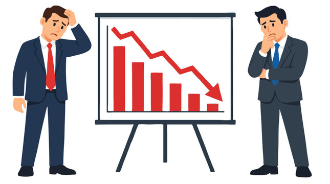 Two worried businessmen standing beside presentation board with red downward trending line graph and declining profits, flat bold colors cartoon vector illustration for business finance concept