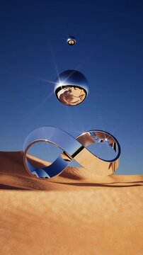 Mirrored infinity sculpture hovers above desert dunes as metallic spheres float overhead. Slow rotation creates a surreal seamless vertical loop.