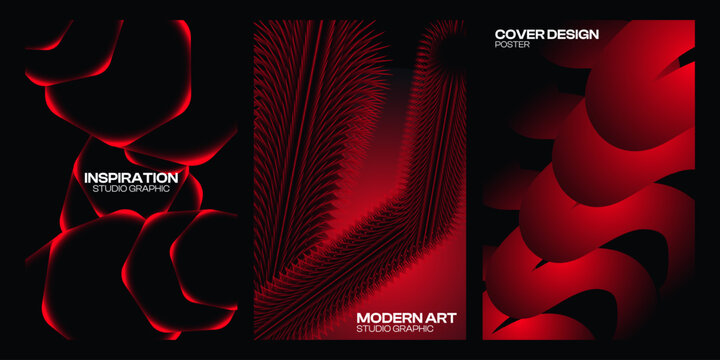 Abstract red and black cover design poster template set featuring dynamic 3D shapes fluid lines and neon light