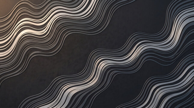 Abstract background, featuring parallel, rippling, wavy lines in, metallic silver and, grey, set, against a dark, textured charcoal surface, with soft golden highlights