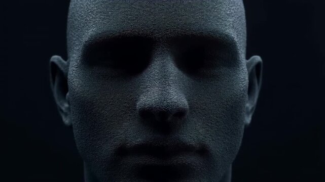 60 FPS Slow push in on textured faceless human head with hollow eyes in dark studio lighting