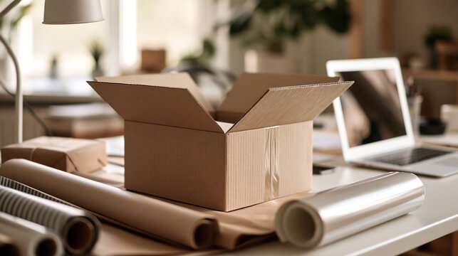 Offene braune Kartonbox auf einem hellen Schreibtisch umgeben von verschiedenen Rollen aus Geschenkpapier und einem Laptop im Hintergrund, Konzept f&uuml;r E-Commerce, Verpackung und Online-Shopping