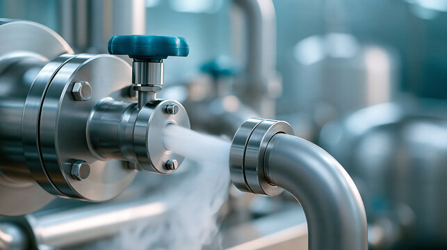Automated clean-in-place system spraying sanitizer through food-grade processing pipes, industrial sanitation, food manufacturing, hygienic production, automated cleaning,