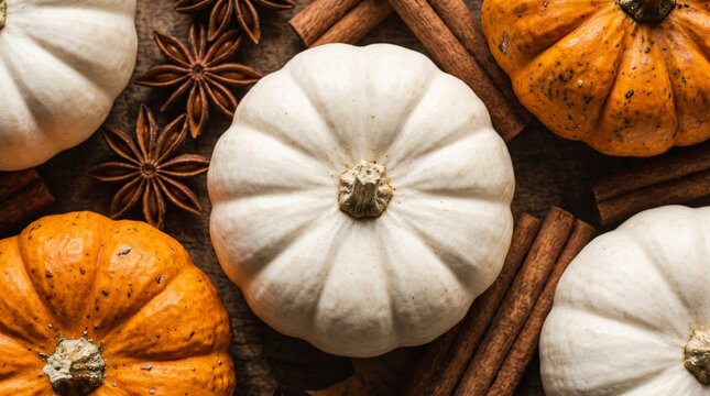 Flat lay composition with white and orange pumpkins and autumn spices