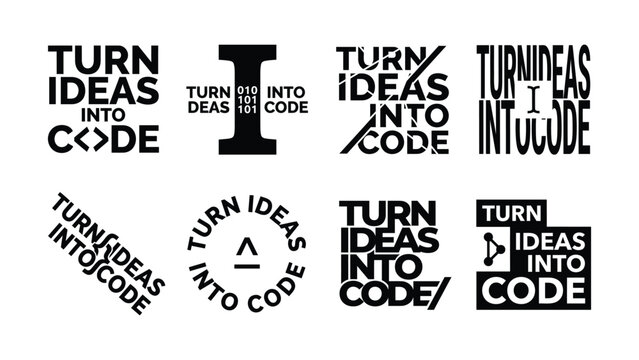 Turn Ideas Into Code typography lettering set programming coding software developer binary tags badge text logo vector bundle