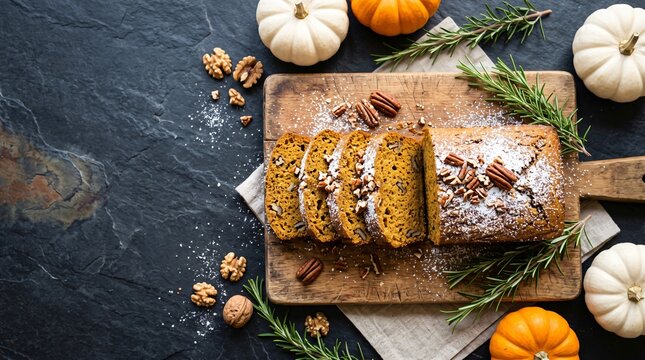 Freshly baked pumpkin bread on a cutting board surrounded by pumpkins and nuts