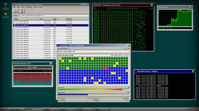 Retro computer operating system interface with data processing windows and system monitoring tools displaying code and graphs in a vintage software aesthetic