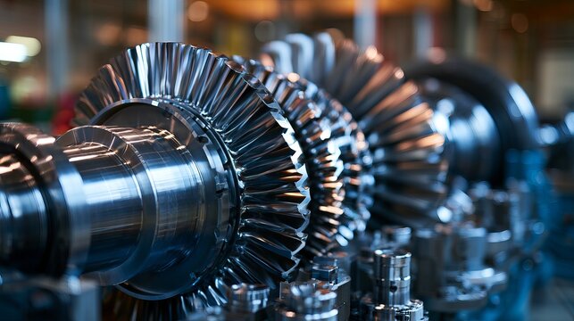 Detailed industrial gear mechanism, steel construction showing motion, reflecting a cool blue, representing machinery and engineering concepts