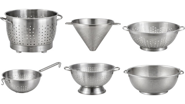 Set of six stainless steel kitchen colanders and strainers in various shapes and sizes for draining pasta, vegetables and liquids