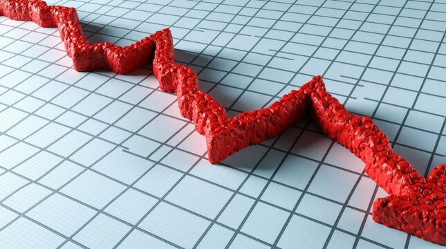 Red 3D jagged arrow moves down on blue grid chart. Financial graph shows global recession risk, economic downturn trend. Sharp decline curve indicates market crash, loss, crisis, negative business