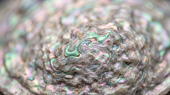 Extreme macro photograph of raw abalone shell nacre showing iridescent mother of pearl
