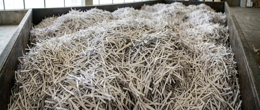 Shredded Paper Texture Close up in Industrial Bin Recycling Process Material Data Security