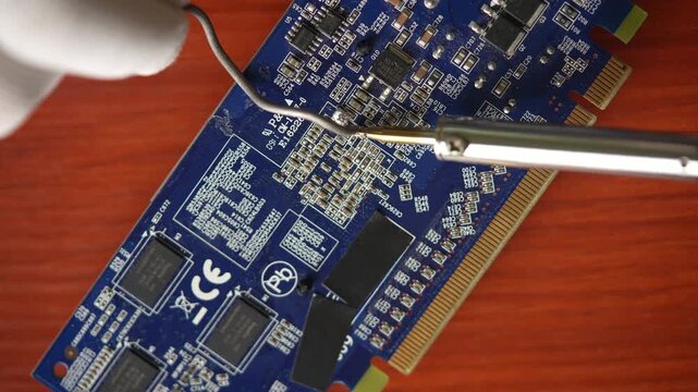 Electronics Repair Specialist Soldering Components on PCIe Graphics Card PCB Surface