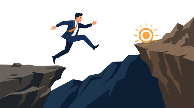 Leaping from one rocky cliff edge over a dark ravine, a bold businessman in a navy suit and orange tie flies toward a glowing orange target on the higher ledge, vector risk taking and leap of faith