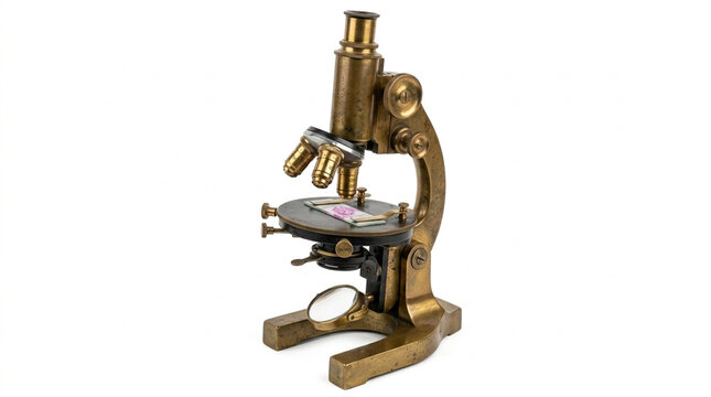 Vintage Brass Microscope with Slide on White Background Scientific Research Tool