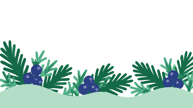 Square winter holiday background with wavy mint snowdrift edge, chunky cut-out fir sprigs and dark blue juniper berries on white copy space for Christmas cards and festive decor vector illustration
