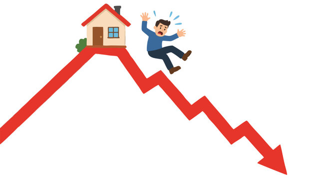 Worried homebuyer falling off small house on top of steep plunging red arrow graph symbolizing housing market crash, mortgage crisis and property value decline in real estate collapse concept