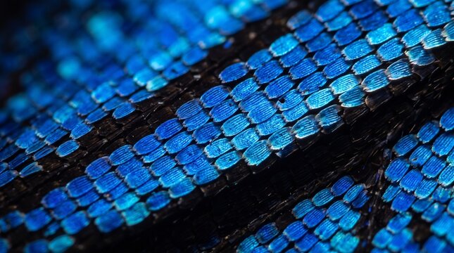 Extreme macro photograph of electric blue morpho butterfly wing scales showing microscopic tile pattern