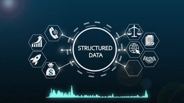 Structured data digital infographic hud with business icons and animated audio spectrum for corporate tech presentations