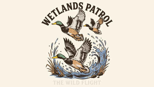 Mallard ducks flying out of wetlands with water splash, featuring wetlands patrol text. Vintage hand-drawn badge illustration.