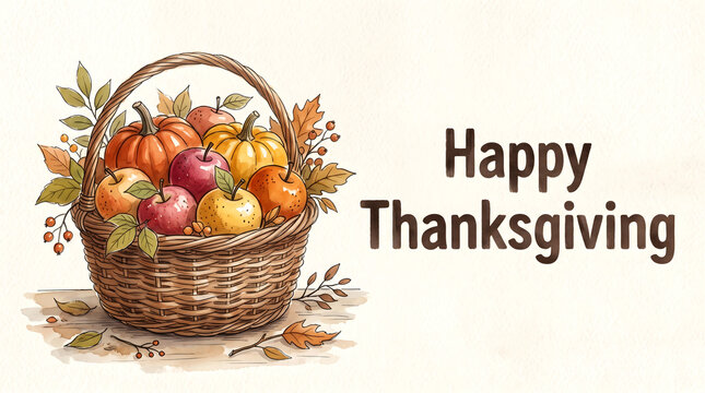 Happy Thanksgiving greeting card with harvest basket of pumpkins and apples
