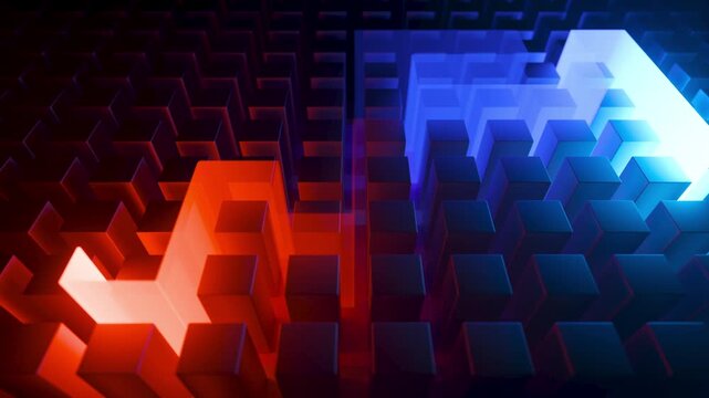 Looping animation of neon lines flowing through a geometric maze. 3d rendering motion.