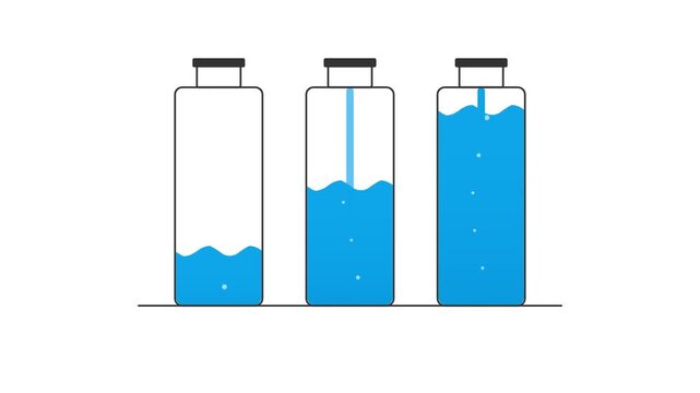 Minimalist animation of water levels rising in glass laboratory bottles