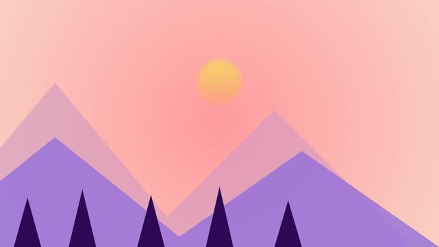 Flat mountain landscape with pine trees beneath a pink sky