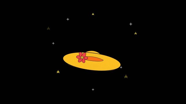 Animated yellow sun hat with a red flower on a black background