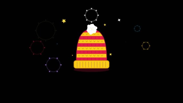 Animated festive winter beanie hat with floating sparkles
