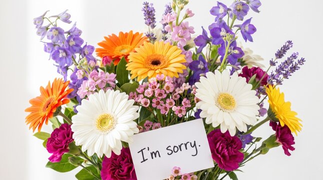 Colorful flower bouquet with an I am sorry note for an apology
