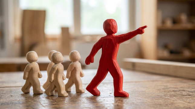 Red leader guiding group of wooden figures teamwork and direction concept