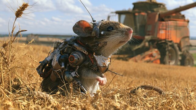 Curious rodent wearing steampunk goggles sits amidst golden wheat field, a charming concept for whimsical fantasy art