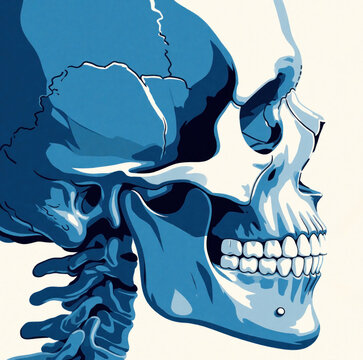 Blue stylized human skull side view showing maxilla, mandible bones. Detailed dental anatomy with teeth, jaw structure. Medical illustration of craniofacial bone anatomy for dentistry, orthodontics,