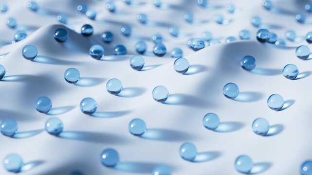 Animation of blue water droplets rest on a smooth, white surface, casting soft shadows. 3d render loop motion.