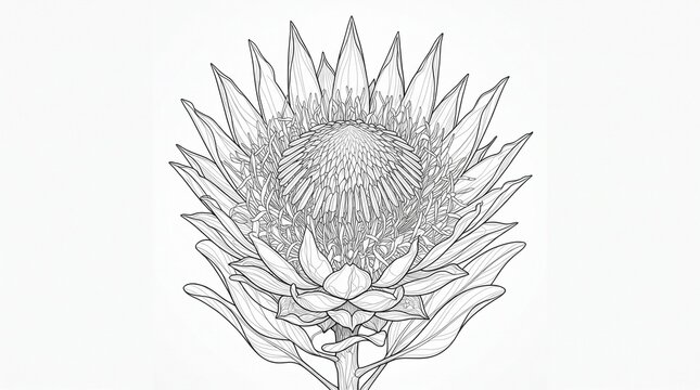 Intricate black and white line art illustration of a single king protea flower bloom
