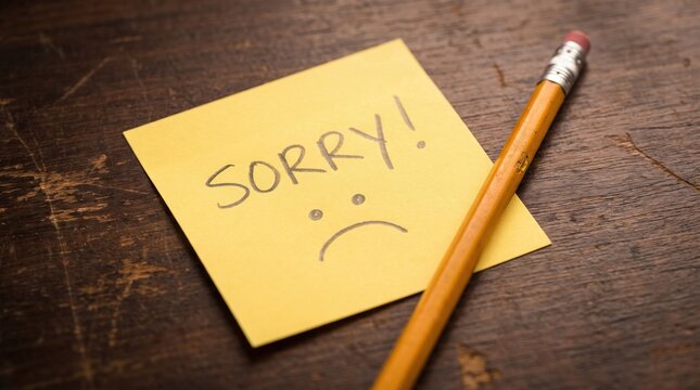 Handwritten apology note with a sad face and pencil on a wooden desk