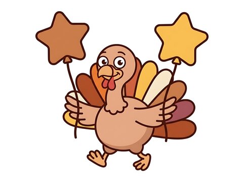Cute cartoon turkey holding two star shaped balloons isolated on a white background for thanksgiving