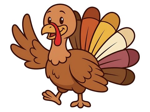 A cute cartoon turkey waving hello isolated on a clean white background for holiday designs
