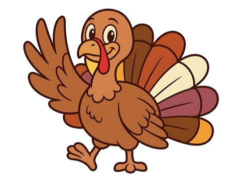 A happy cartoon turkey waving hello isolated on a simple white background for holiday design