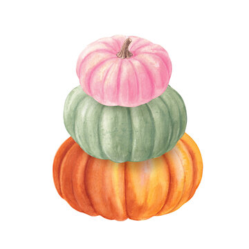 Watercolor Stacked Pink, Green, and Orange Pumpkins, Autumn Card