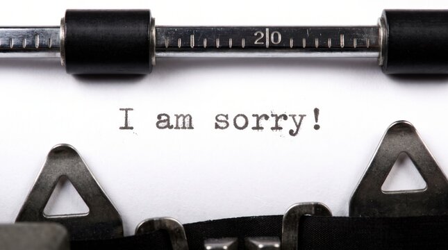 Vintage typewriter typing an I am sorry message on white paper