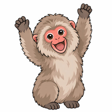 Cute Monkey Macaque Cheering Illustration Isolated in White Background 