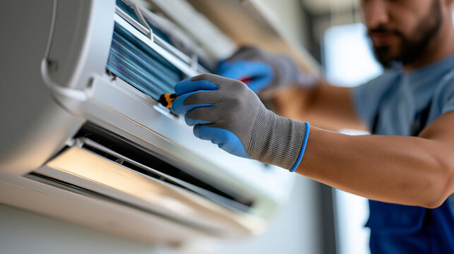 HVAC technician wearing protective gloves servicing an indoor air conditioning unit, cooling system maintenance, air quality, HVAC repair, energy efficiency, building services,