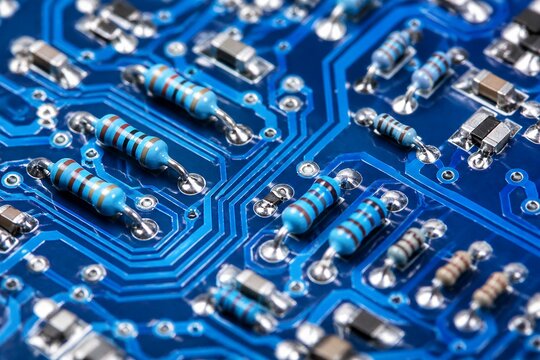 Electronic circuit board populated with resistors and traces