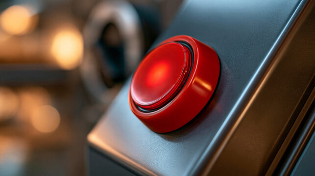 Close-up of a bright red emergency stop button mounted on industrial machinery, workplace safety, emergency shutdown system, industrial control, factory equipment, risk