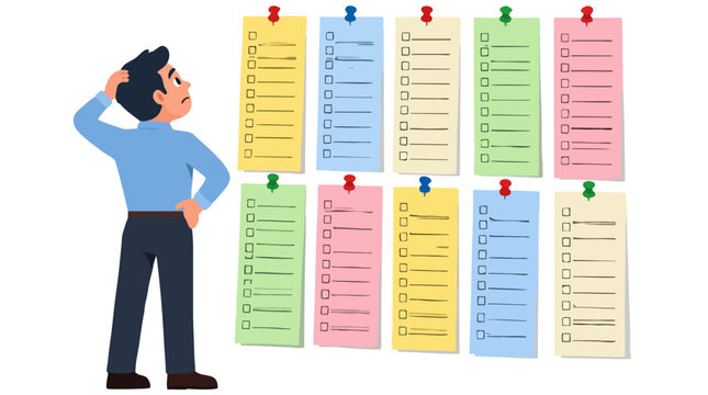 Frustrated businessman scratching head staring up at wall covered with long colorful pinned checklist notes full of unchecked todo tasks and procrastination showing stress overload concept