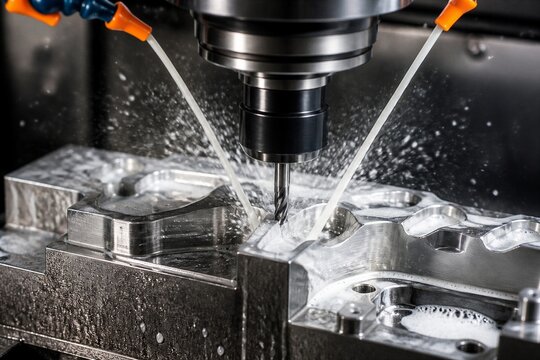 Cnc milling machine cutting metal with coolant spray