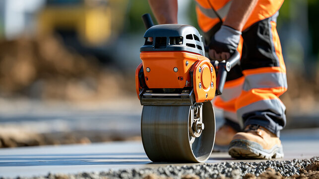 Faceless construction worker operating a vibratory plate compactor over freshly prepared concrete, construction machinery, surface compaction, infrastructure development, heavy